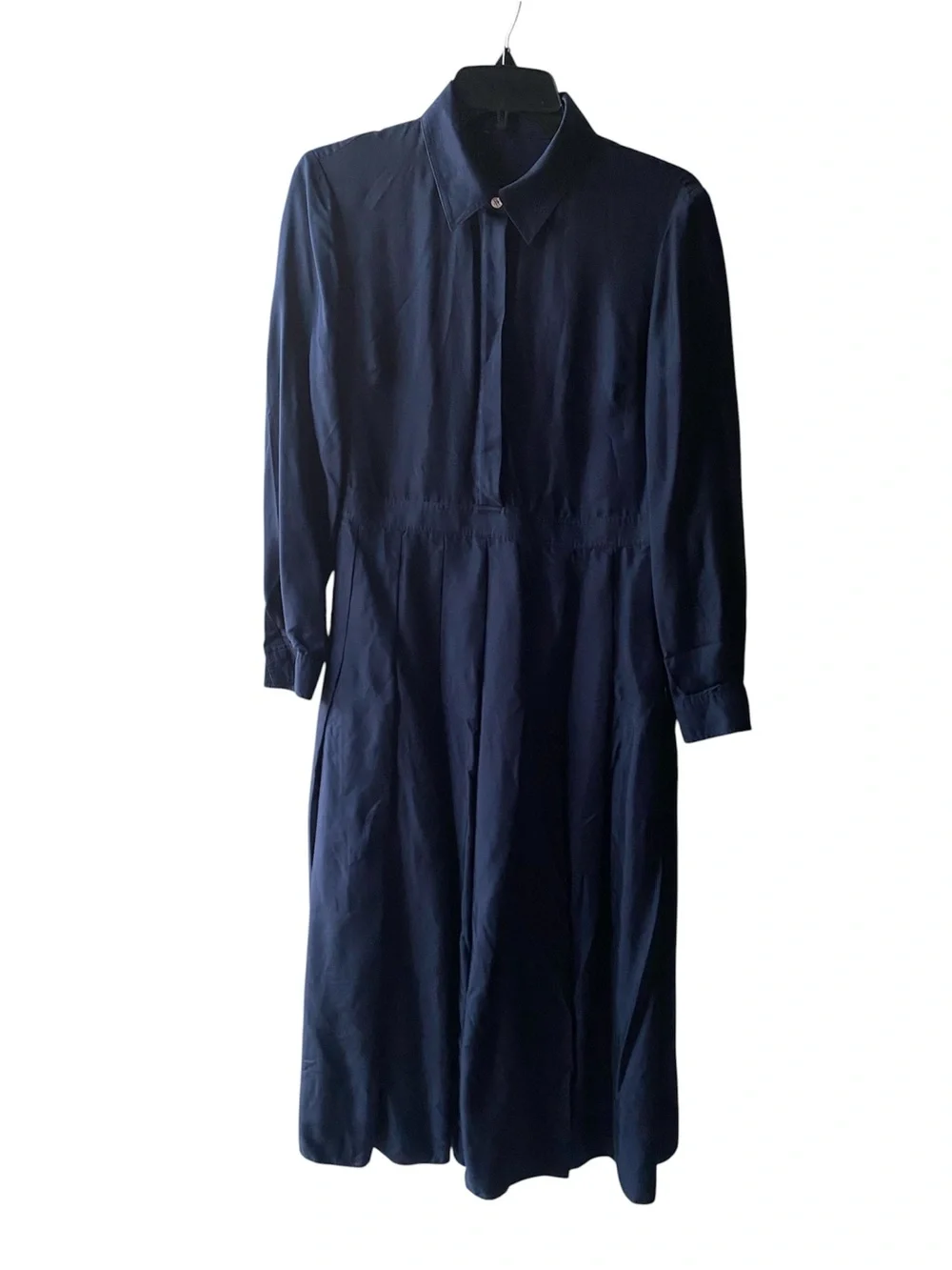 TORY BURCH SILK Navy Blue 100% Silk Pleated Midi Shirtdress long sleeve
